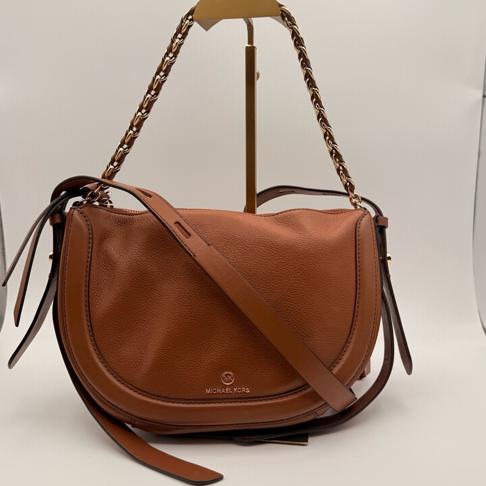 Michael Kors Pebbled Leather Crossbody Saddle Bag Brown Gold Hardware